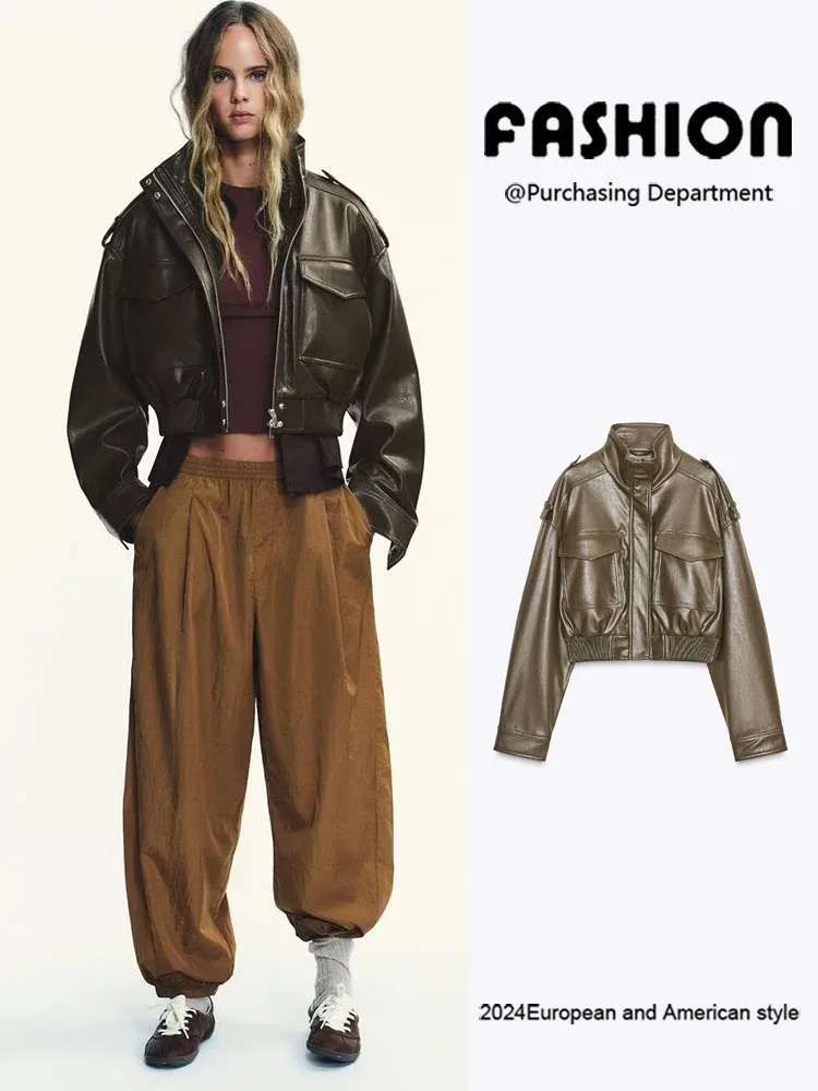 

Faionable Autumn New Arrival Women's ort Coat Long Sve Stand Collar Leather like Outerwear Ele Personali