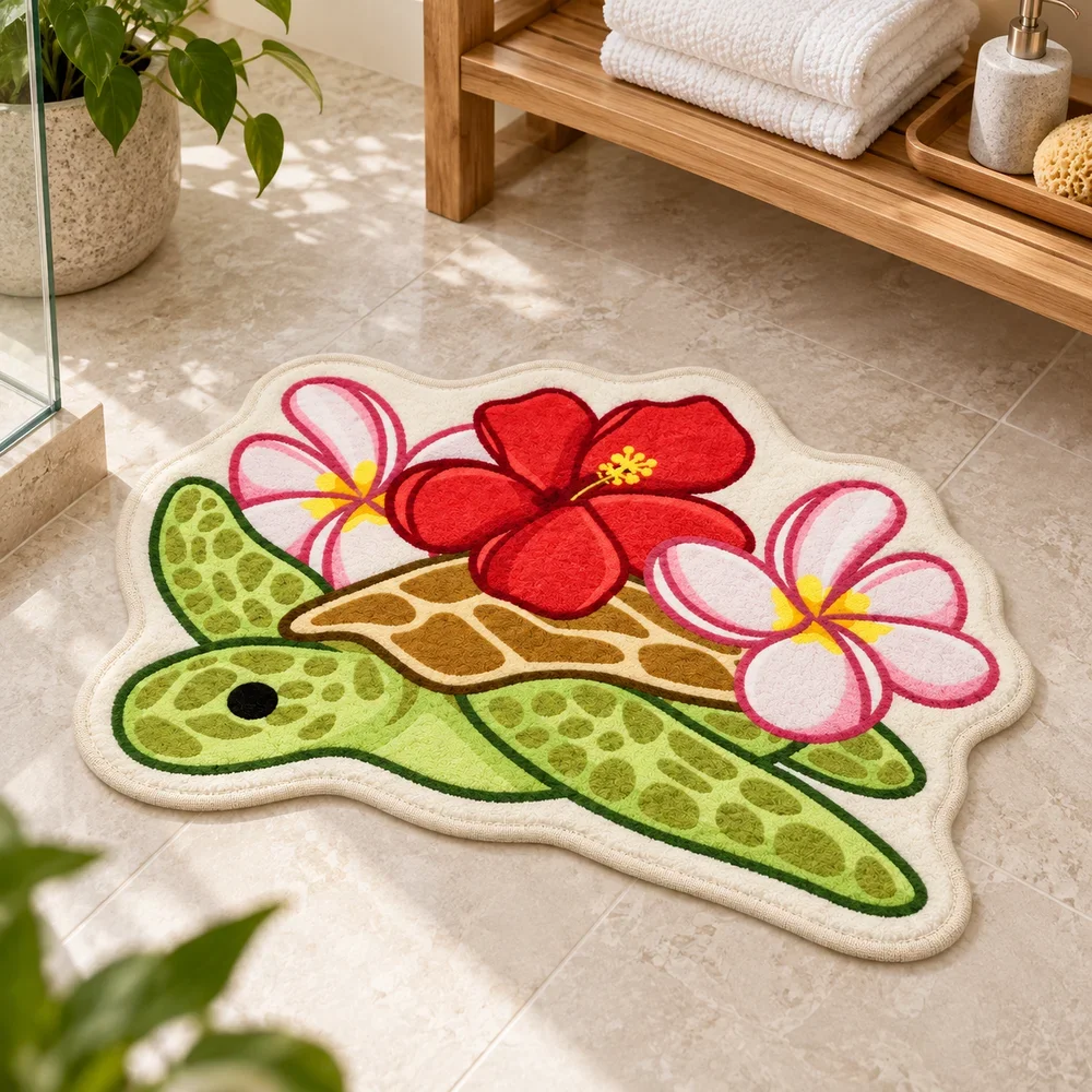 Floral Sea Turtle Shaped Area Rug Soft Plush Tropical Hibiscus Ocean Animal Floor Mat for Bathroom Bedroom Living Room Decor