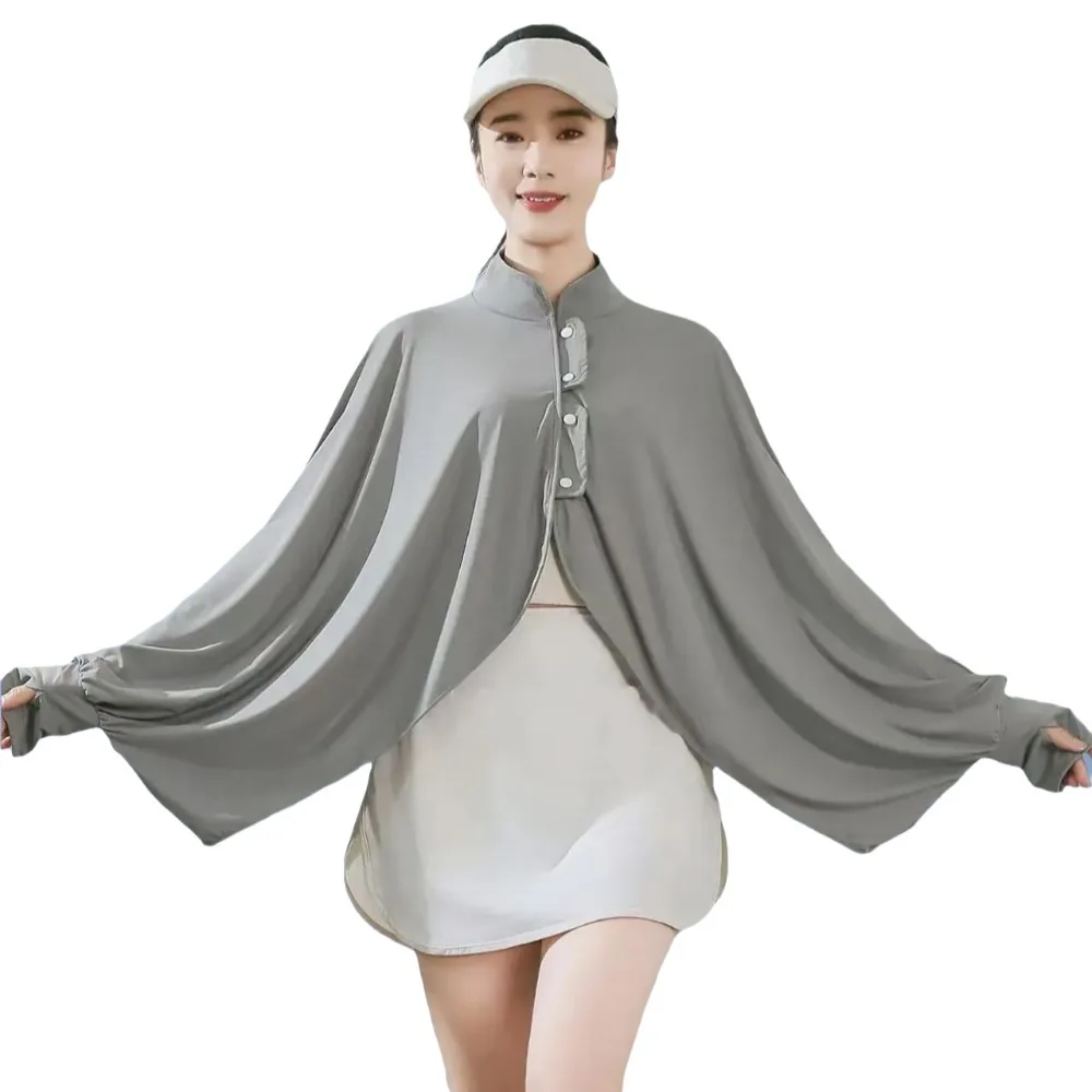 Solid Color Summer Sunscreen Shawl Long Sleeve Breathable Ice Silk Cape Quick Dry Lightweight Sunshade Cloak Commuting