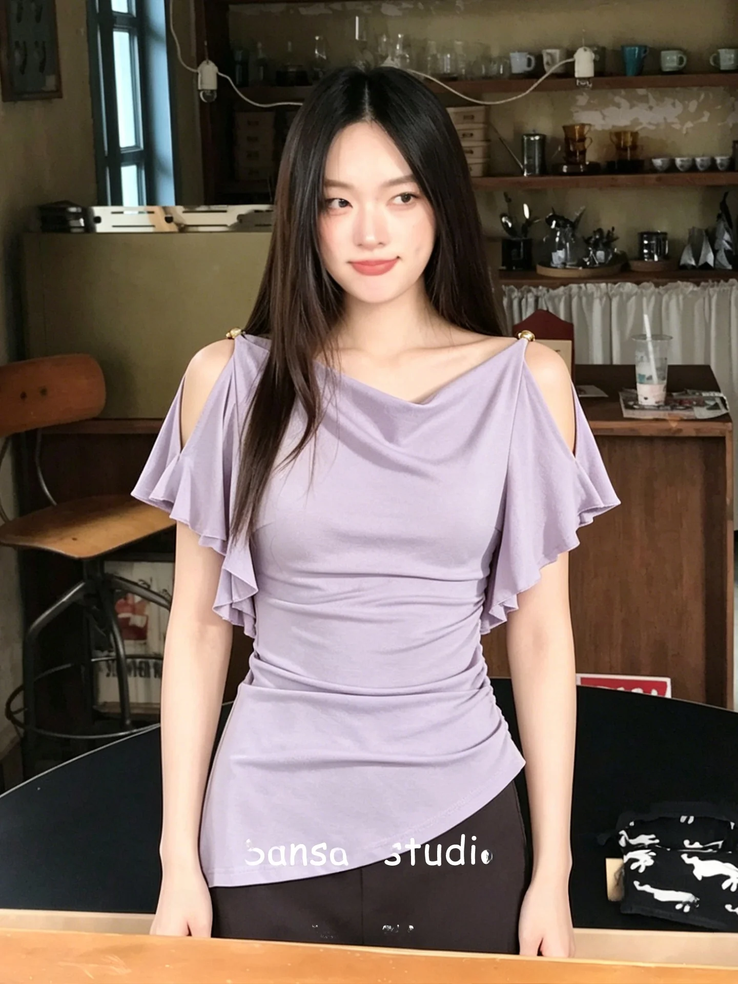 

Summer Women's T-Shirt Purple Short Sleeve Gathered Waist Slim Fit Casual Style Creative Pattern Cool Feeling Breathable