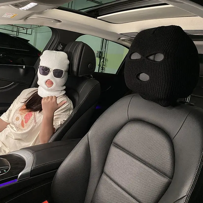 3 Hole Car Seat Headrest Full Face Cover Ski Mask Hat Anti-dust Protection Seat Funny Car Headrest Cover Accessories Interior