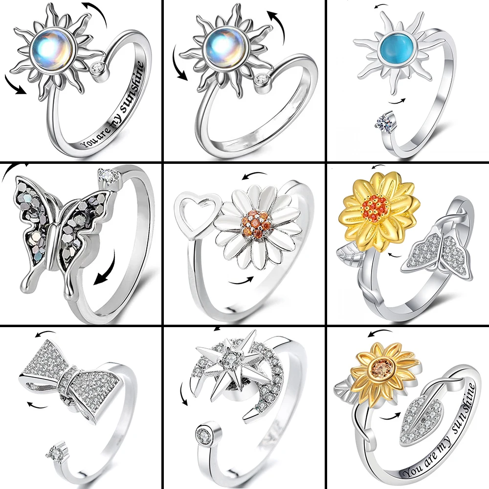 New In Sunflower Adjustable Open Women'S Rings 2024 Trend Anxiety Relief Diamond Spinning Rotating Ring Anillo Antiestres