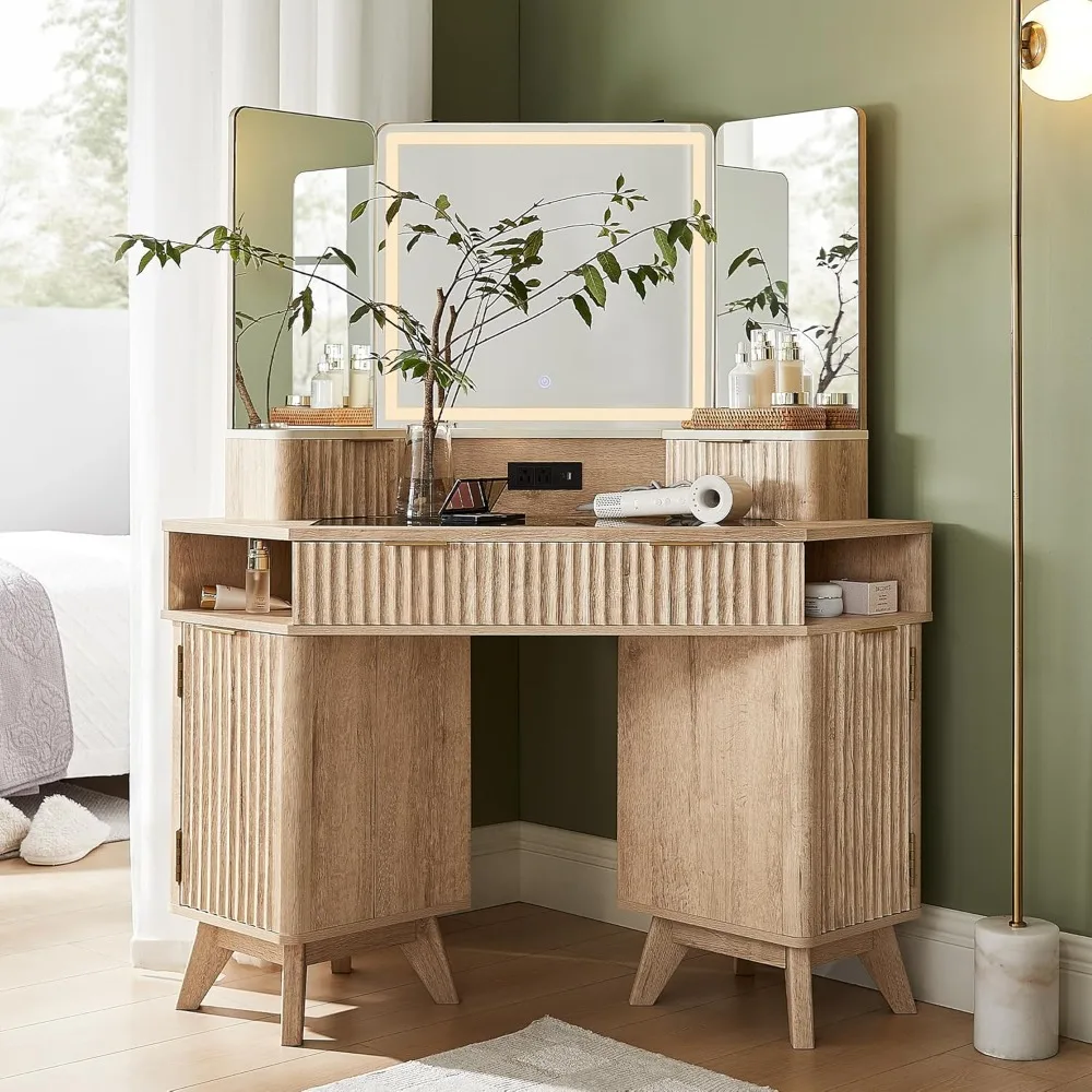 

Fluted Makeup Vanity Desk with 3 Way Mirror and Lights, 48" Large Corner Vanity Table with Glass Top