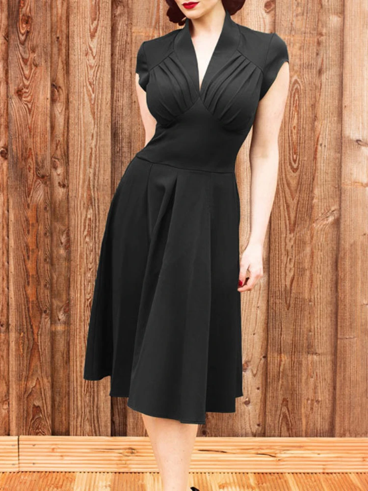 

Женское винтажное платье ретро в стиле Хепберн, черное однотонное платье средней длины с V-образным вырезом в стиле 1950-60-х годов, Повседневный Сарафан в стиле рокабилли, на лето 2024