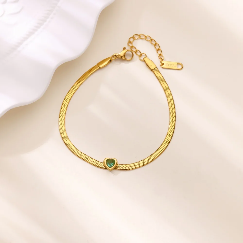 Grüne Zirkon-Herz-Armbänder für Frauen, goldfarben, Edelstahl, 12. Geburtsstein-Herz-Armband, Hochzeit, Geburtstag, Schmuck, Geschenk