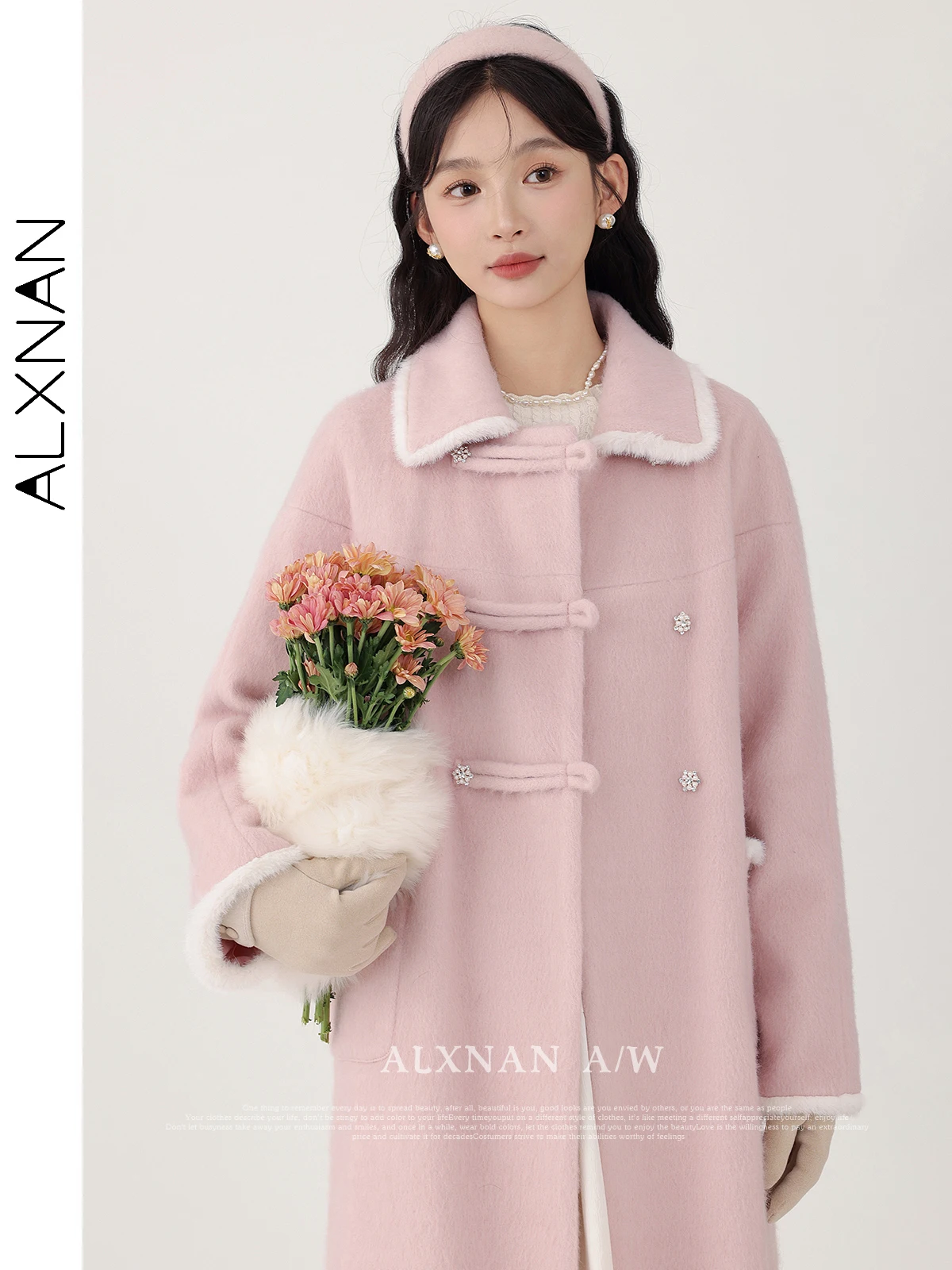 

ALXNAN 2024 Winter Woolen Coat for Women Sweet Lapel Collar Single Breasted Straight Long Sleeve Warm Overcoats Female LXN32275