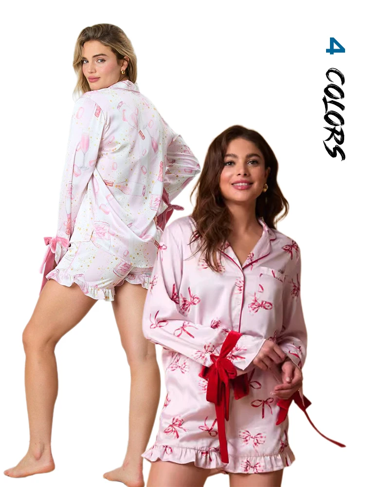 Fashion Y2K Pink Bow Pajama Sets for Women 2 Piece Shorts Cute Short Sleeve Matching Lounge Shirts Sets 90S Santa Claus Pajamas