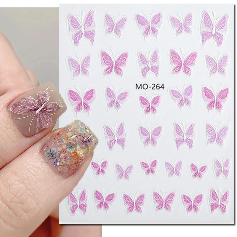 

5D Embossed Nail Art Decals Green Pink Purple Butterflys Adhesive Sliders Nail Stickers Decoration For Manicure