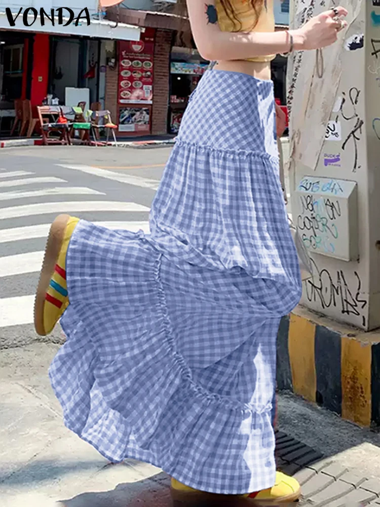 

VONDA A-Line Maxi Overskirts Bohemian Plaid Skirts Women 2025 Female Holiday Summer Beach Casual Ruffled Skirts Femininas