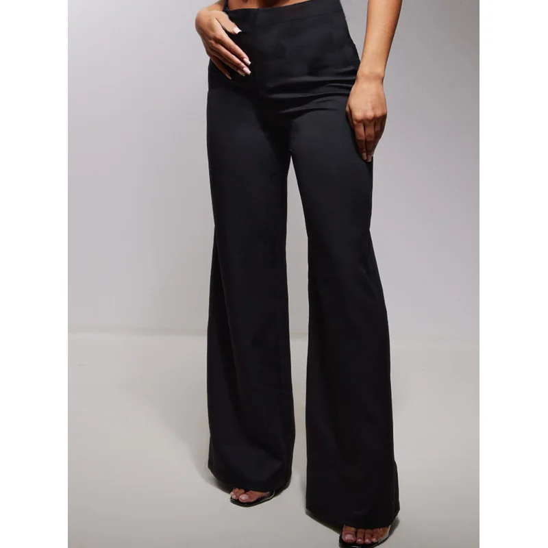 2025 Casual ademende wijde pijpen broek dames elastische taille afslankende zwarte kantoorfeestbroek