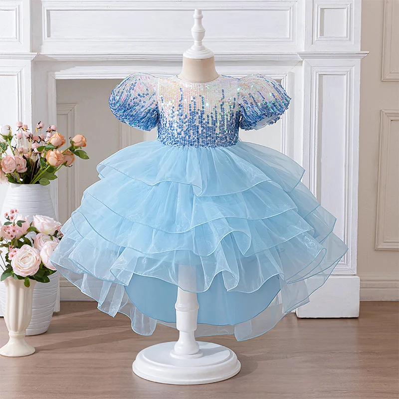 Summer New Girls' Dress with Bubble Sleeves and Sequins Princess Dress Multi-Layer Cake Wedding Dress Trailing Skirt
