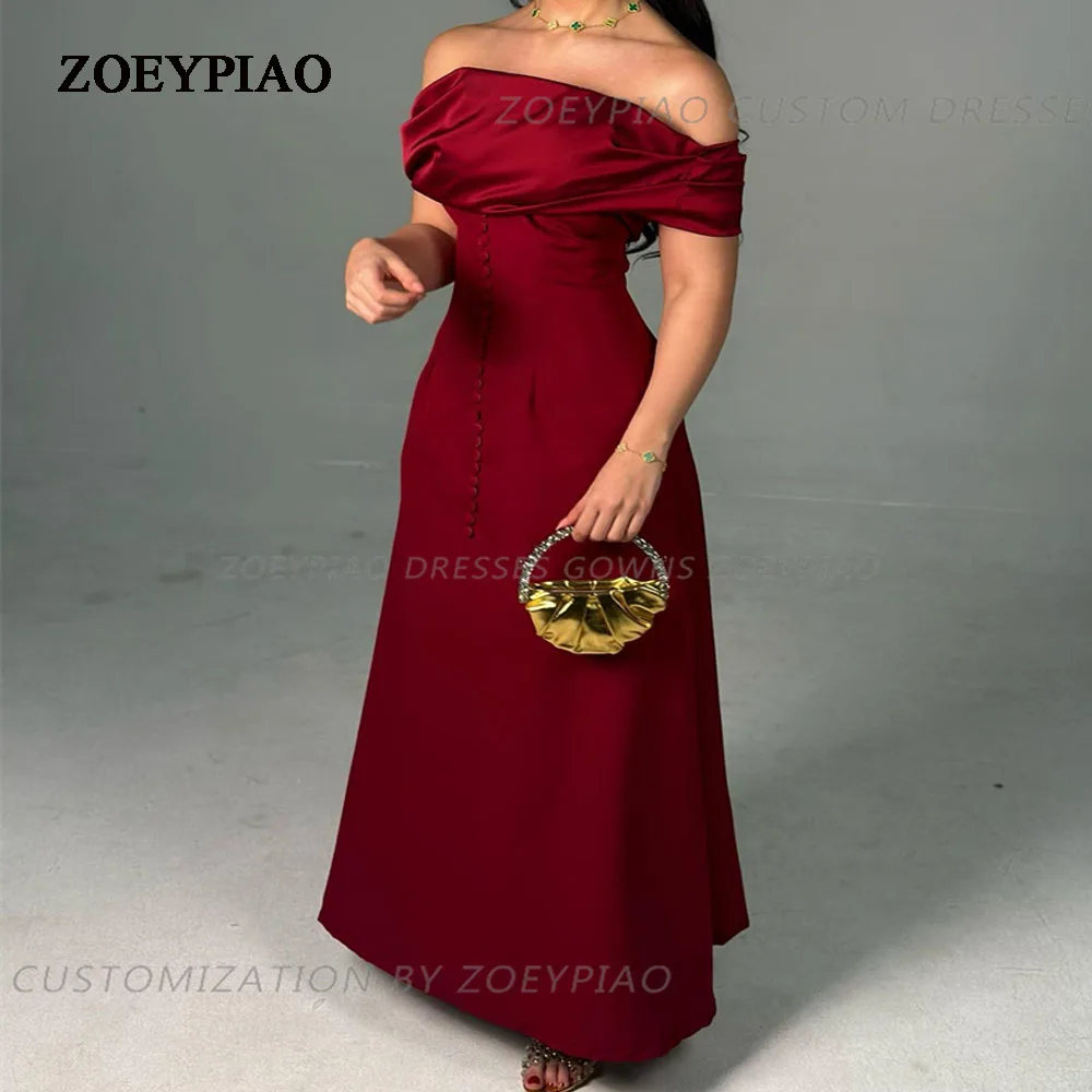 Vestido de noche de satén rojo burdeos, Vestidos de fiesta de graduación, botón sin tirantes, hombros descubiertos, manga corta, Vestidos de noche para mujer