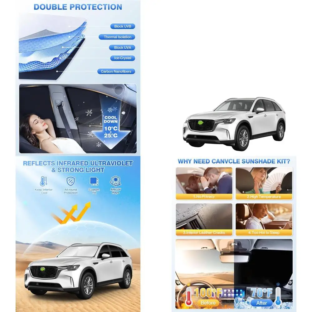 

Black 8-Piece CX-90 2024-2026 Sunshade Set: Windshield, Side & Rear Window Covers for Privacy & Cooling