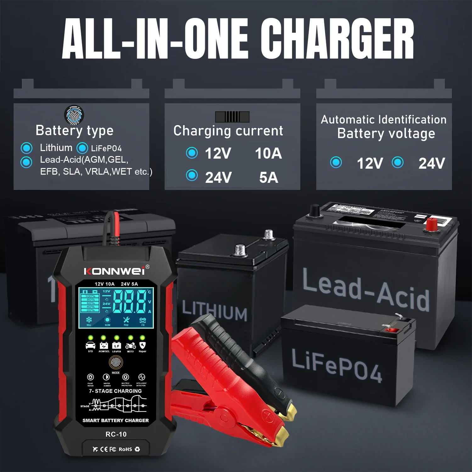26 Durable KOWWEI RC-10 12V 10 A 24V 5A Car Battery Charger Full Automatic Fast Charging Pulse Repair Battery Charger Lead Acid