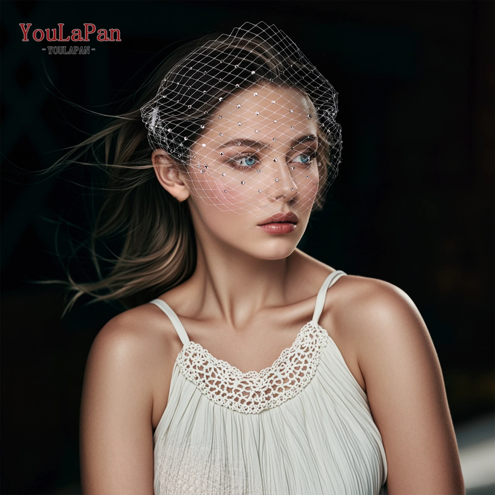 TOPQUEEN Bridal Mesh Veil Rhinestone Bridal Veil Wedding Accessories Ribbon Hair Comb White Netting Lady Prom Festival Mask MA37