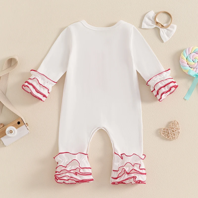 Infant Valentine s Day  Heart Print Romper with Ruffle Sleeves and Matching Bow Headband Set for Baby Girl