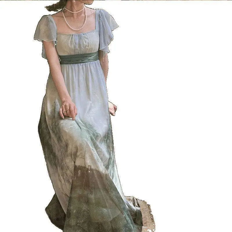 

Новинка 2024 года, ретро французское платье с квадратным воротником и короткими рукавами, уличная одежда, женские летние шифоновые длинные платья с принтом на шнуровке