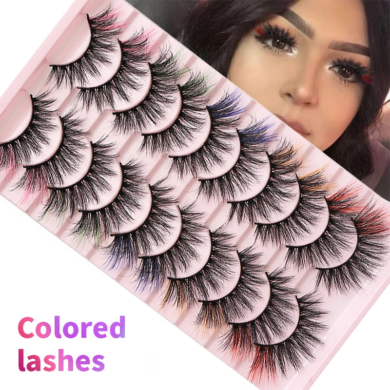 DINGSEN 10 Paar MIX Farbige DD-Curl-Wimpern für Make-up, Kunstnerz-Wimpern, Vollstreifen-Wimpern, Rot, Blau, Grün – Detail 1