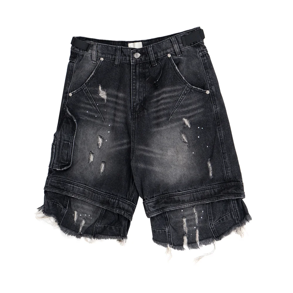 파리 스타일 하이 스트리트 아메리칸 워시드 홀 라지 사이즈 블랙 세븐풋 데님 반바지 오버니 남성 워크웨어 반바지