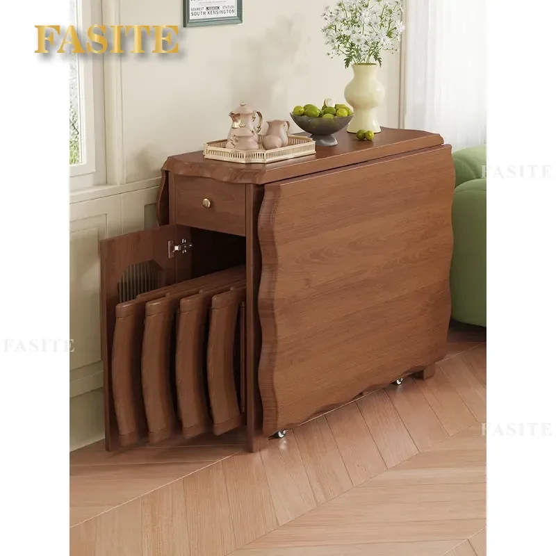 For Small Apartment Solid Wood Folding Dining Table Retro Walnut Color Rectangular Removable Retractable Functional Home