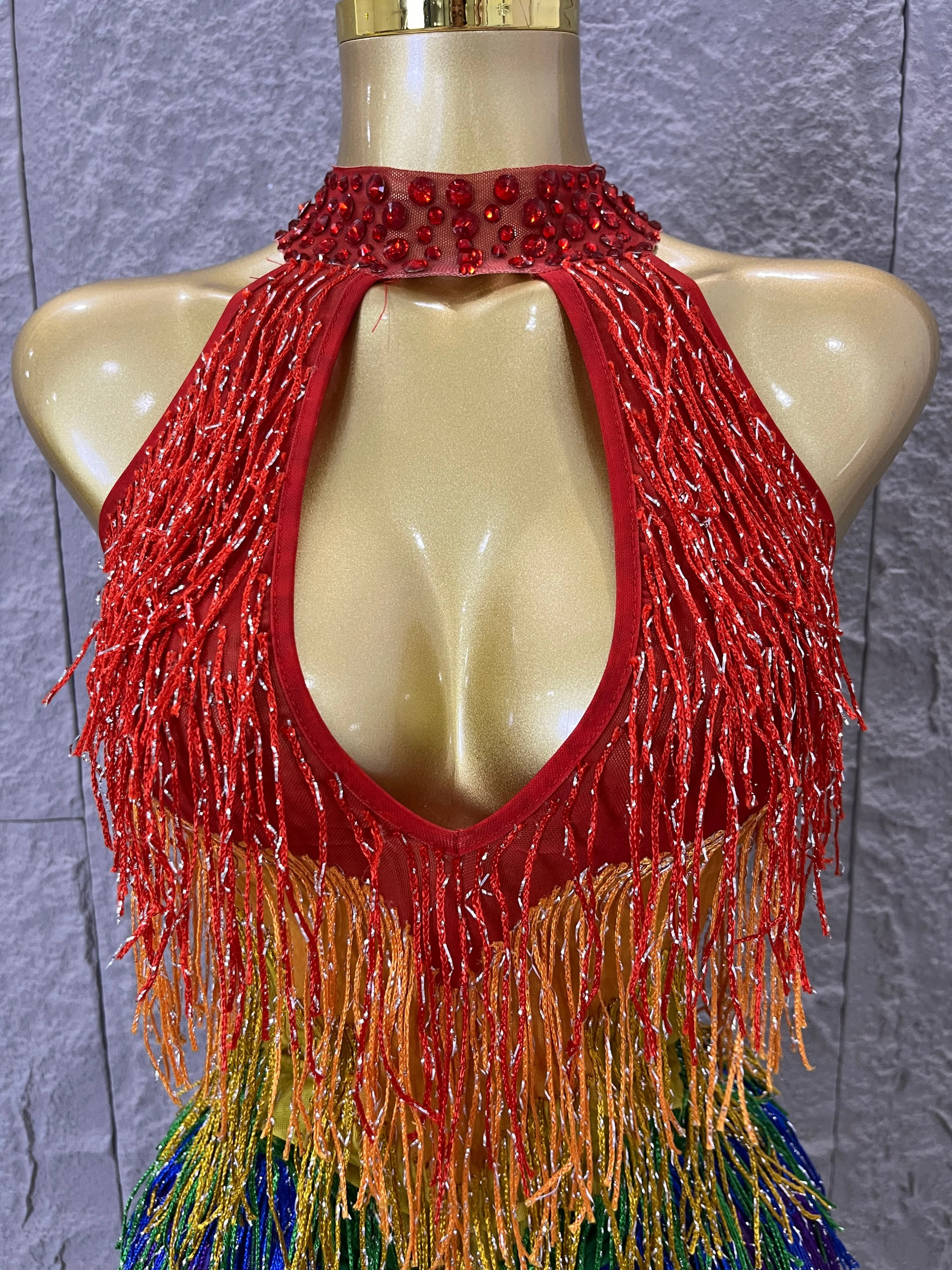 

Sexy Rainbow Gradient Fringe Halter Bodysuit Rhinestone Choker Women Stage Performance Carnival Party Outfit