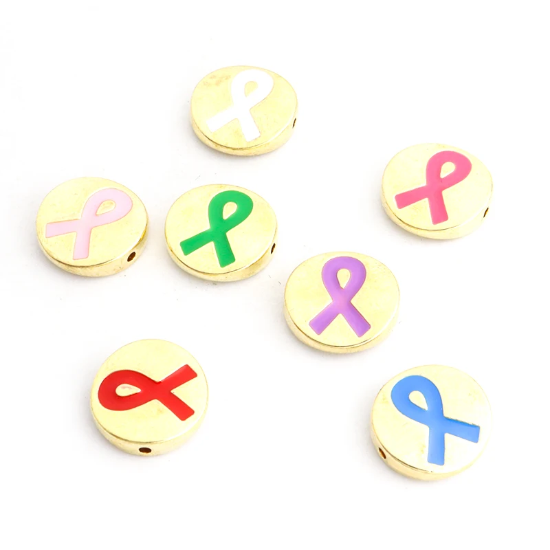 10pcs Colorful Ribbon Pattern Enamel Spacer Beads Pink Ribbon Breast Cancer Awareness Beads Pendants for Jewelry Making Supplies