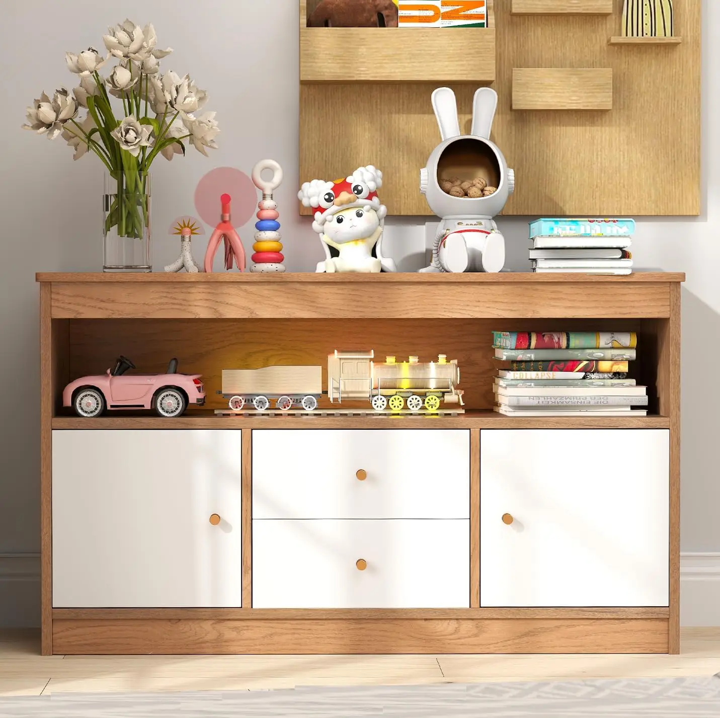 Toy Storage Organizer, Wooden Kids Bookshelf With 2 Drawers, 2 Cabinets & Open Shelf, Toy Organziers And Storage For