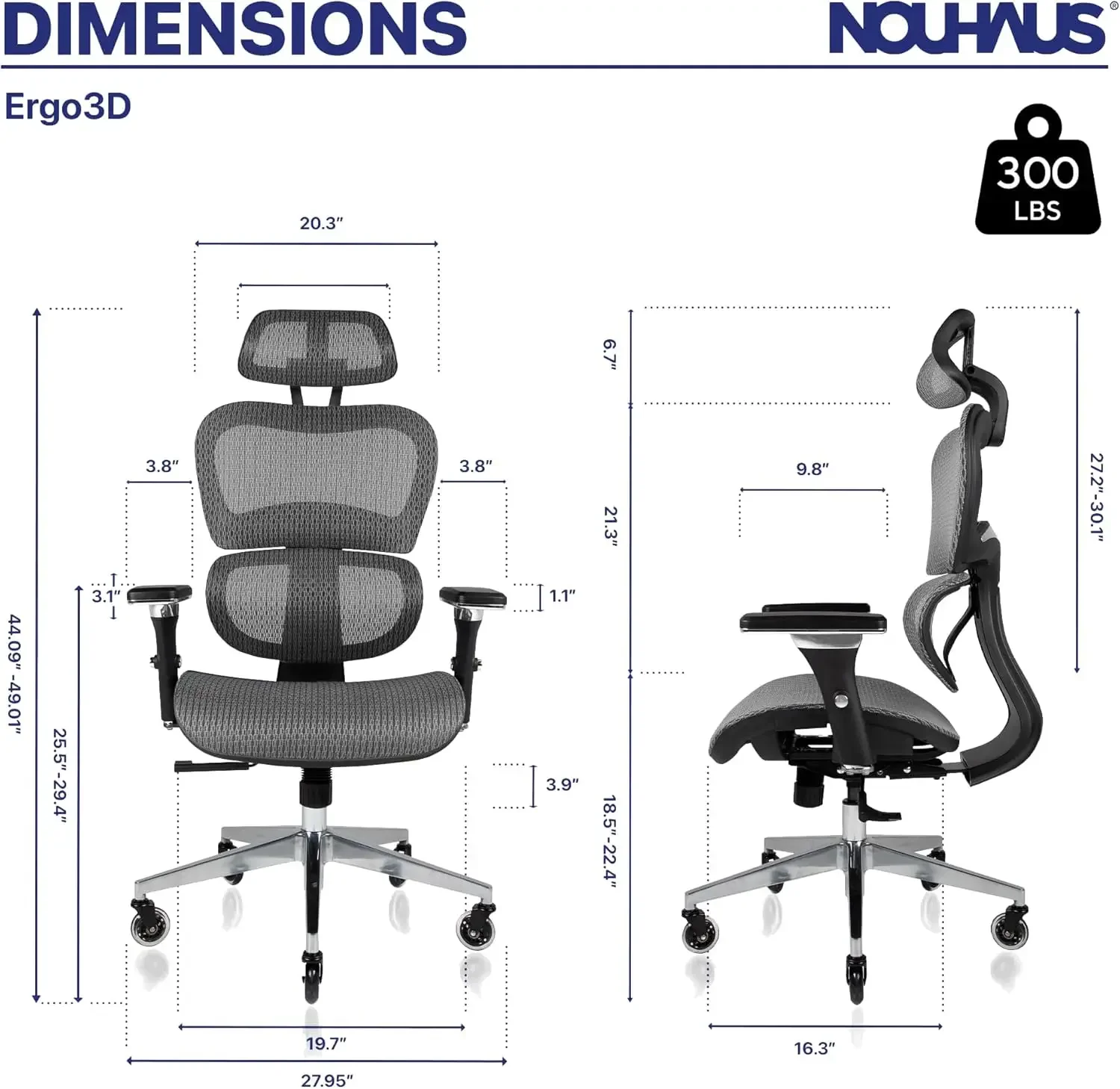 NouKevin Ergo3D-Chaise de Bureau Ergonomique en Maille avec Accoudoir Réglable 4D, Support Lombaire, Repose-Sauna Réglable