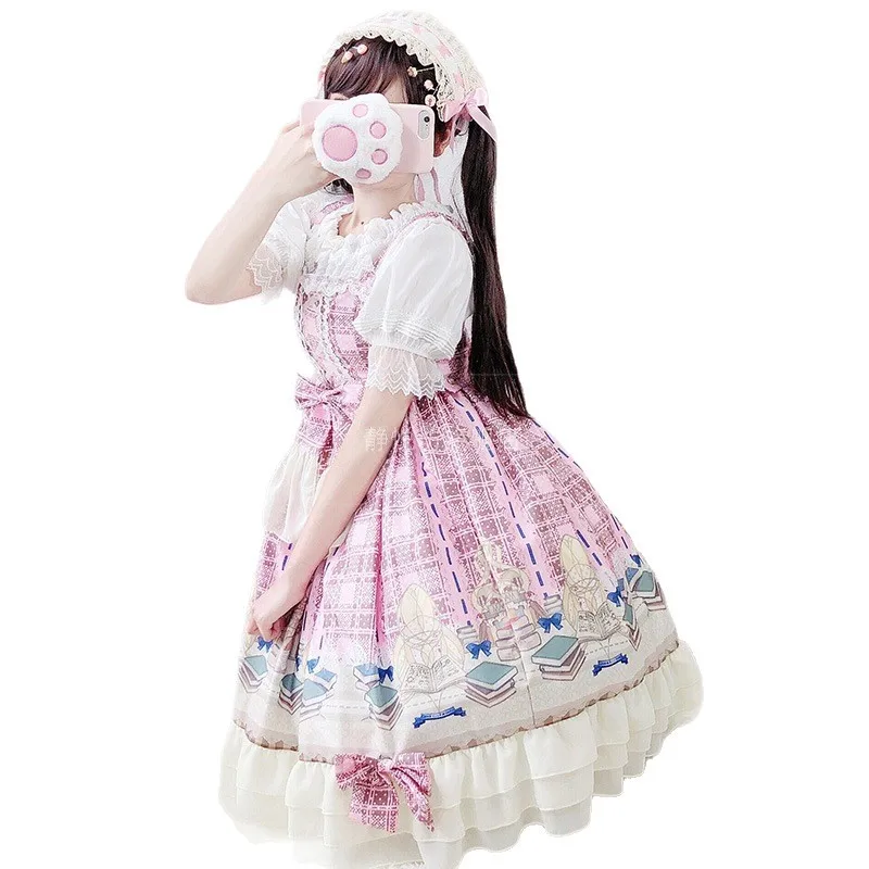 Original Fantasy Academy Lolita Dress Court Vintage Flowerleaf Sling Pink Princess Dress Sweet Lolita Dress