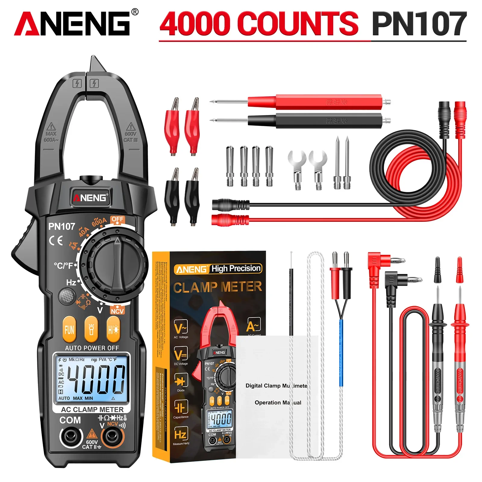 

ANENG PN107 Voltmeter Ammeter NCV Diode with Temperature Digital Clamp Meter 600A AC Frequency Professional Tool Current Tester