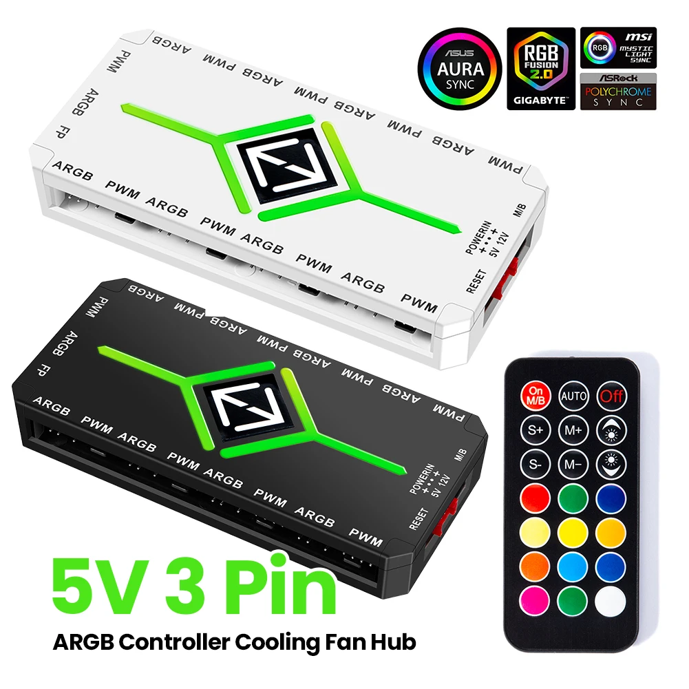 1 To 9 3 in 1 5V 3 Pin ARGB Controller Cooling Fan Hub w/ Remote 4 Pin PWM Magnetic Suction Hub SATA Powered for PC Case