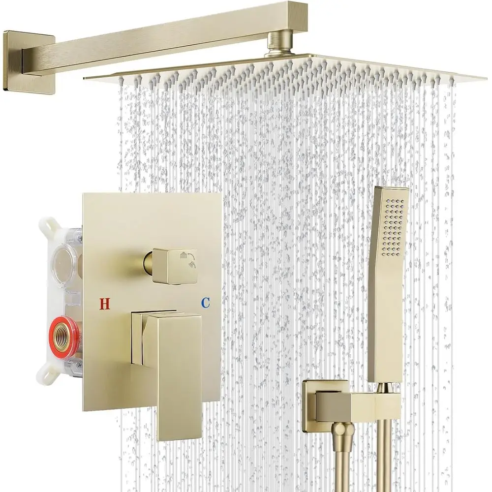 10 Inch Square Rainfall Shower Set with Single Handle System, Wall Mount, Brushed Gold Finish