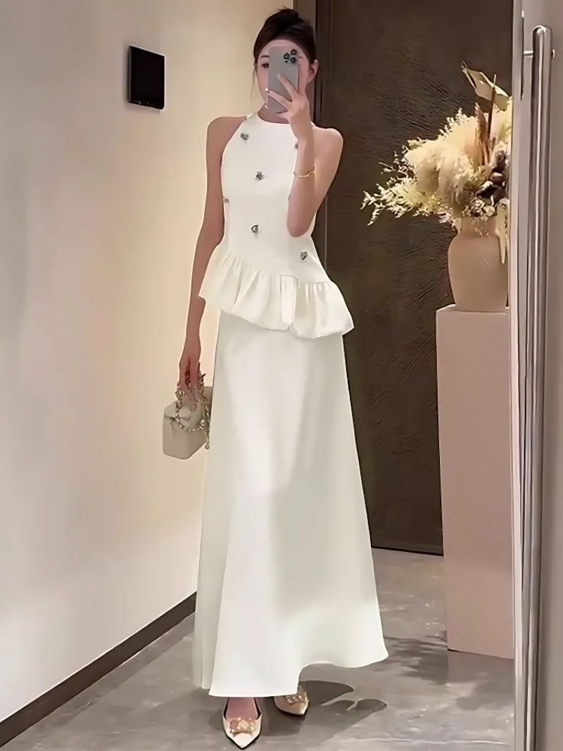 

Новый французский элегантный женский комплект из двух предметов, модный дизайн, цветочный топ с рюшами и лямкой на бретельках без рукавов + костюм с длинной юбкой