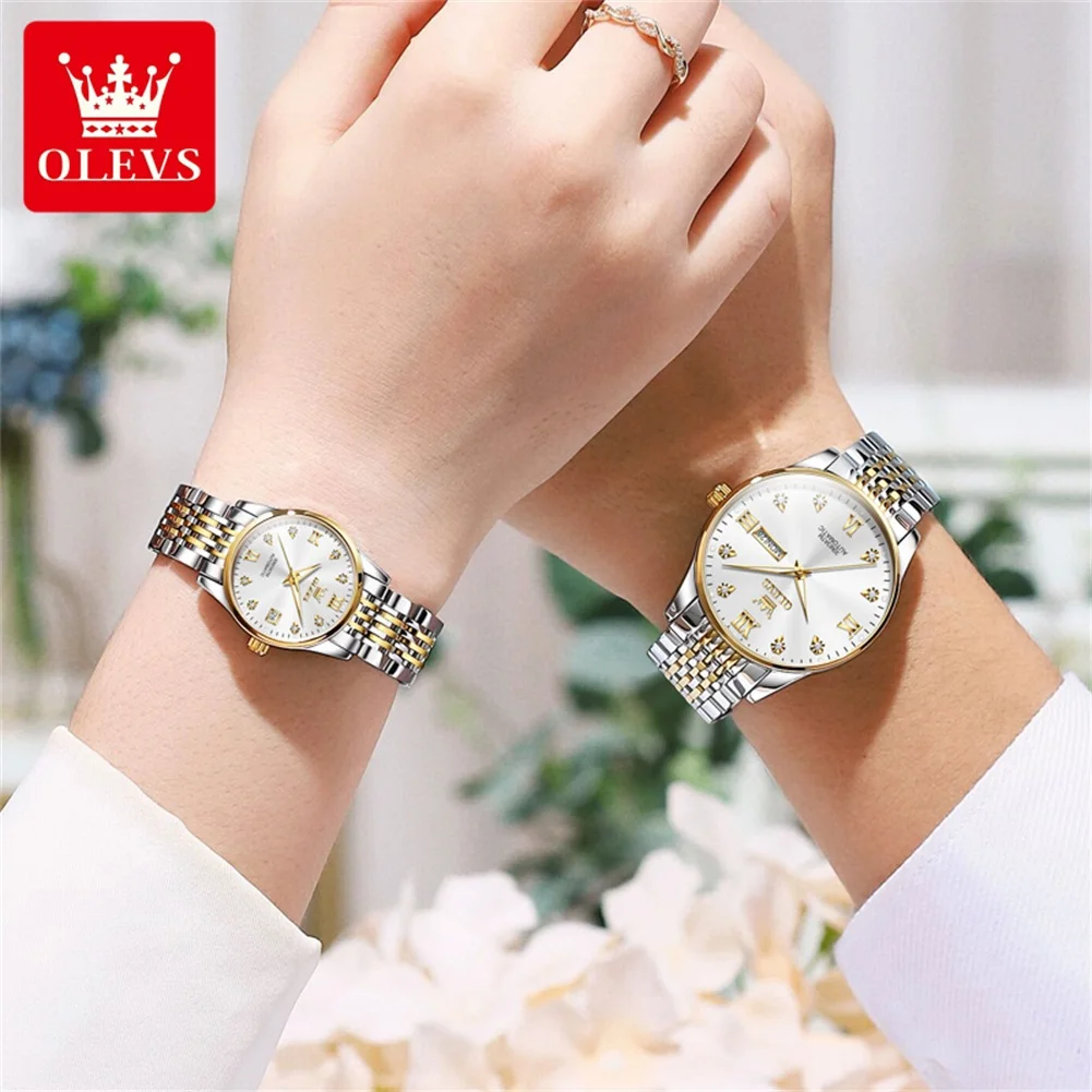 OLEVS 6673 Automatic Mechanical Watch Top Luxury Brand Diamond Men's and Women's Calendar Waterproof Watch His or Her Watch Set