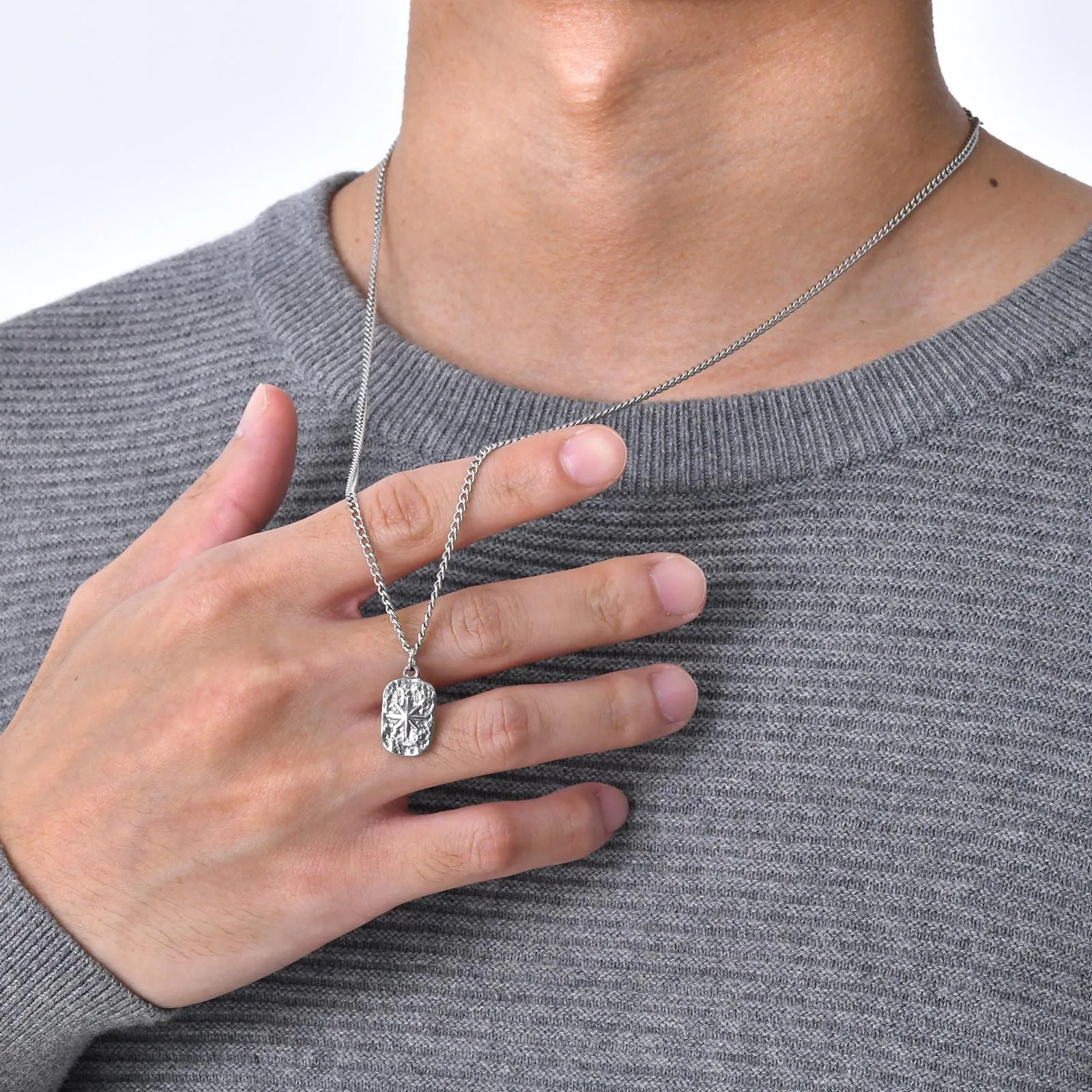 Vnox Dropship Mens Dog Tag Necklaces, Eight Point Star Pendant, Never Fade Silver Color Hammered Stainless Steel Dogtag