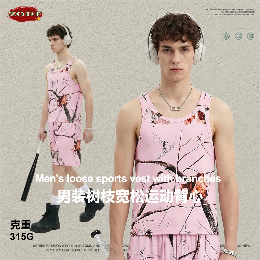ZODF Summer High Street 315gsm Branch Printing Tank Tops For Men Unisex Heat Transfer Sleeveless Sport Vest Brand Tees HY1261