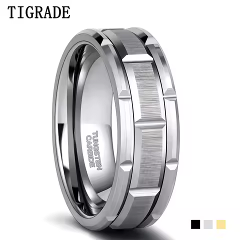 Tigrade Tungsten Carbide Ring Tire Wedding Band Silver Color Brick Pattern Brushed Engagement Ring Masculine Comfort Fit