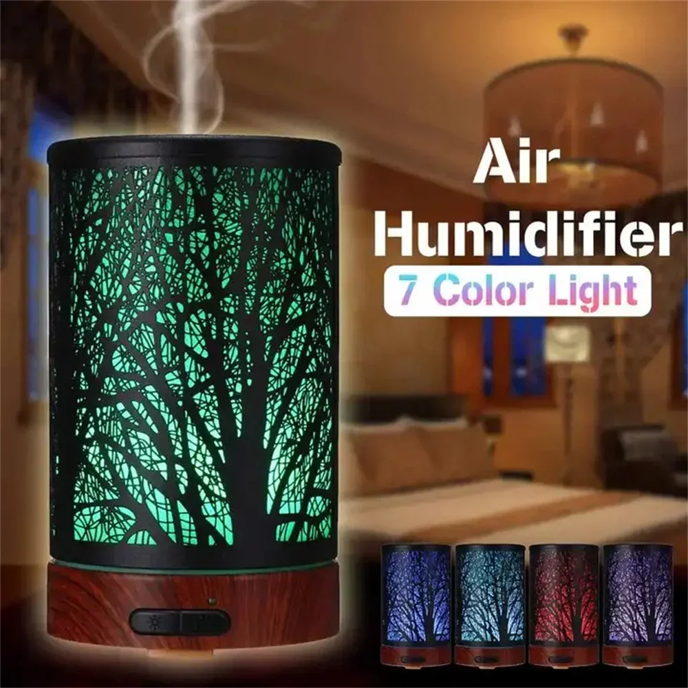 Metal Wood Aromatherapy Essential Oil Machine Ultrasonic Cool Mist 100ml 7 LED Lights  for Home Spa Air Humidifier Diffuser