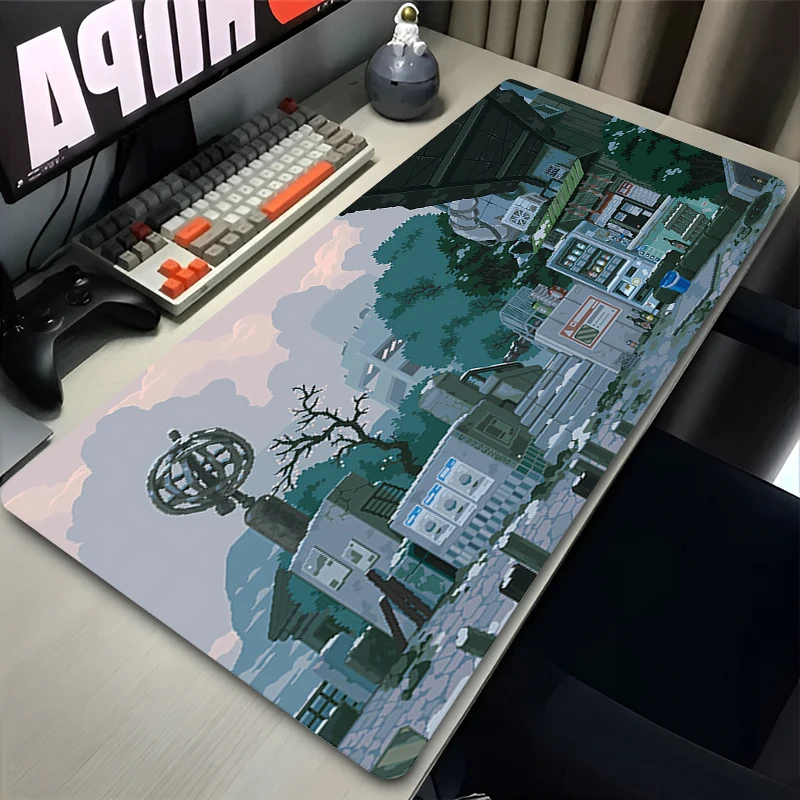 New Keyboard Pad Lock Edge Pixel Art Extended Mousepad Kawaii Mouse Pad Office PC Anime City HD Print Desktop Protection Mat Rug