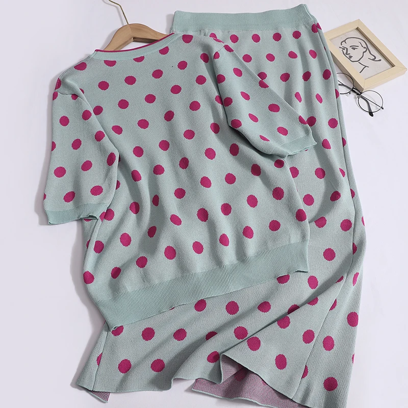 Women Summer Office Polka Dot Knit Two-piece Set O-neck Short Sleeved T-shirt and High Waist Hip Split Bodycon Skirt Chic Suit