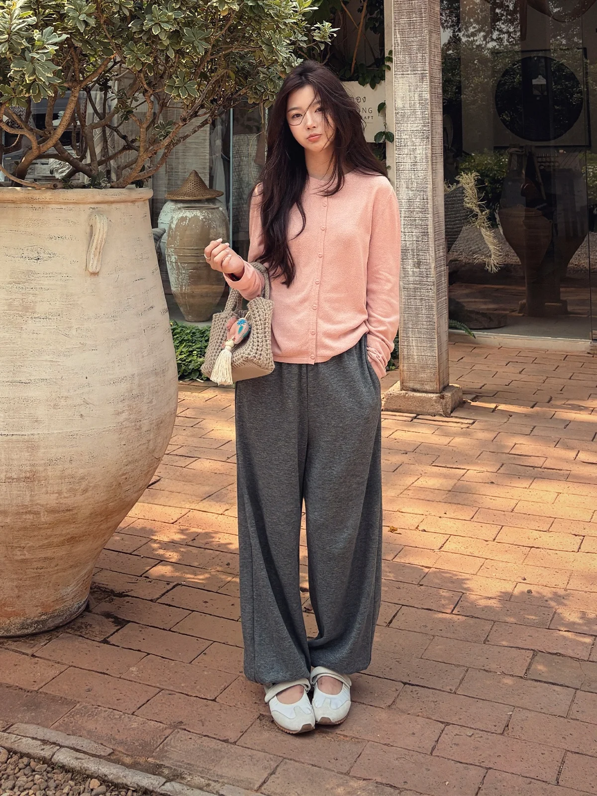 

Comfortable Wool Blend Casual Pants with Drawstring Straight Leg Pure Color Early Spring Walking Pants Women's High Waist