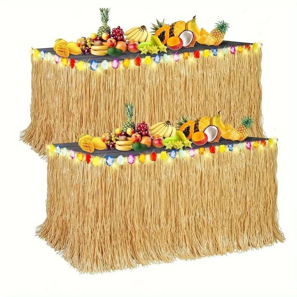 1 jupe de table hawaïenne en herbe, décorations de fête tropicales, jupe de table réutilisable pour les fêtes de plage, d'été et de piscine