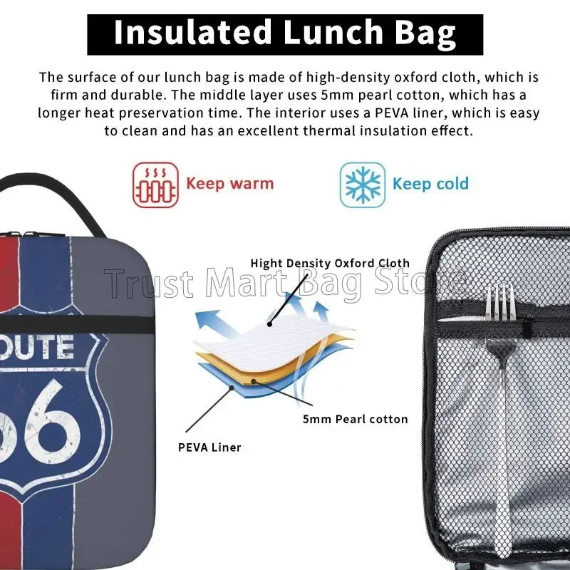 아메리칸 빈티지 루트 66 프린트 열 도시락 가방 남여 휴대용 재사용 가능한 절연 도시락 상자 도시락 토트 여행 작업 피크닉