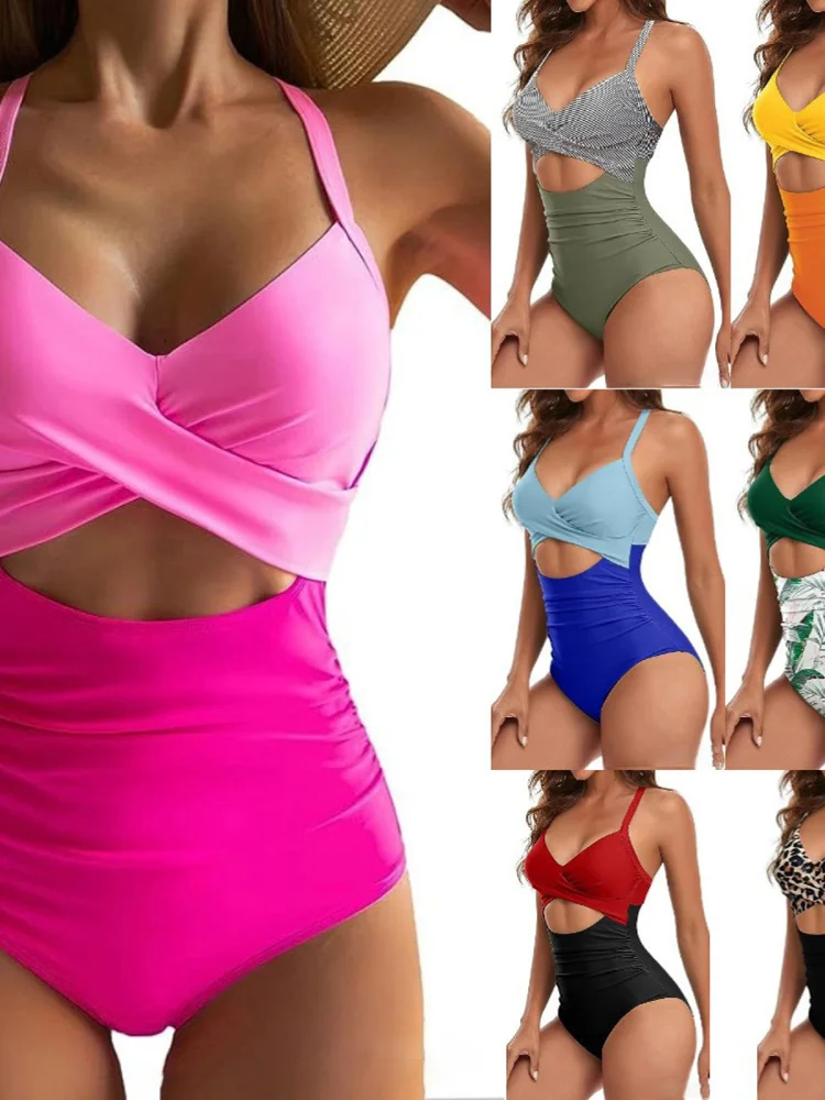 

Sexy Color Blo Piece Swimsuit Women's Strap Tight Cross-Border Swimsuit Jumpsuit Bikini Qui Dry Fixed Chest Pad No Sl...
