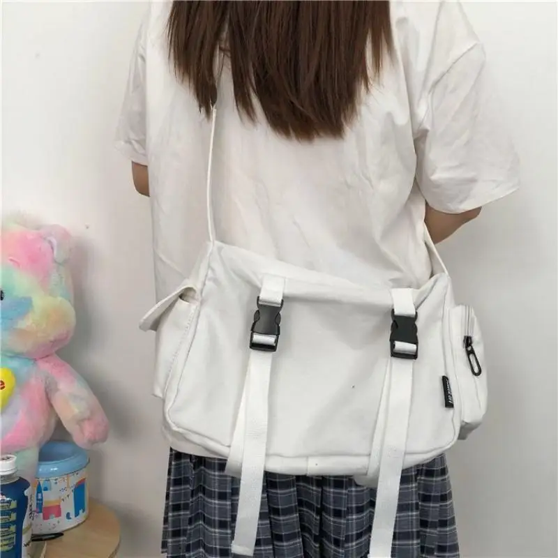 Japanese Harajuku Women Messenger Bag Solid Color Canvas Crossbody Bags Student Large Capacity Handbags Shoulder Bag
