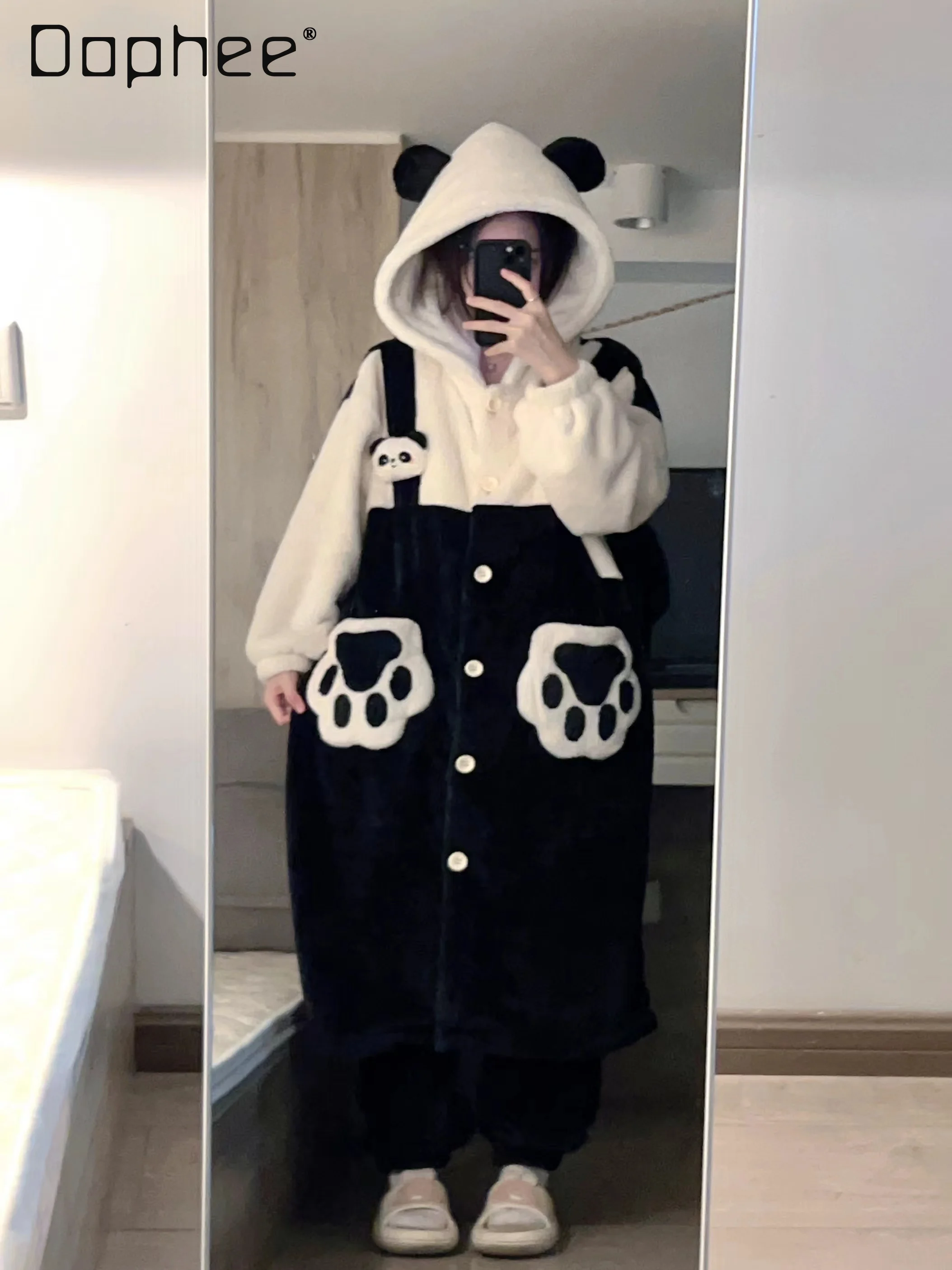 Panda Coral Fleece Night-robe Oversized Winter Women Hooded Single Breasted Cute Nightgown Thick Warm Kawaii Home Clothes