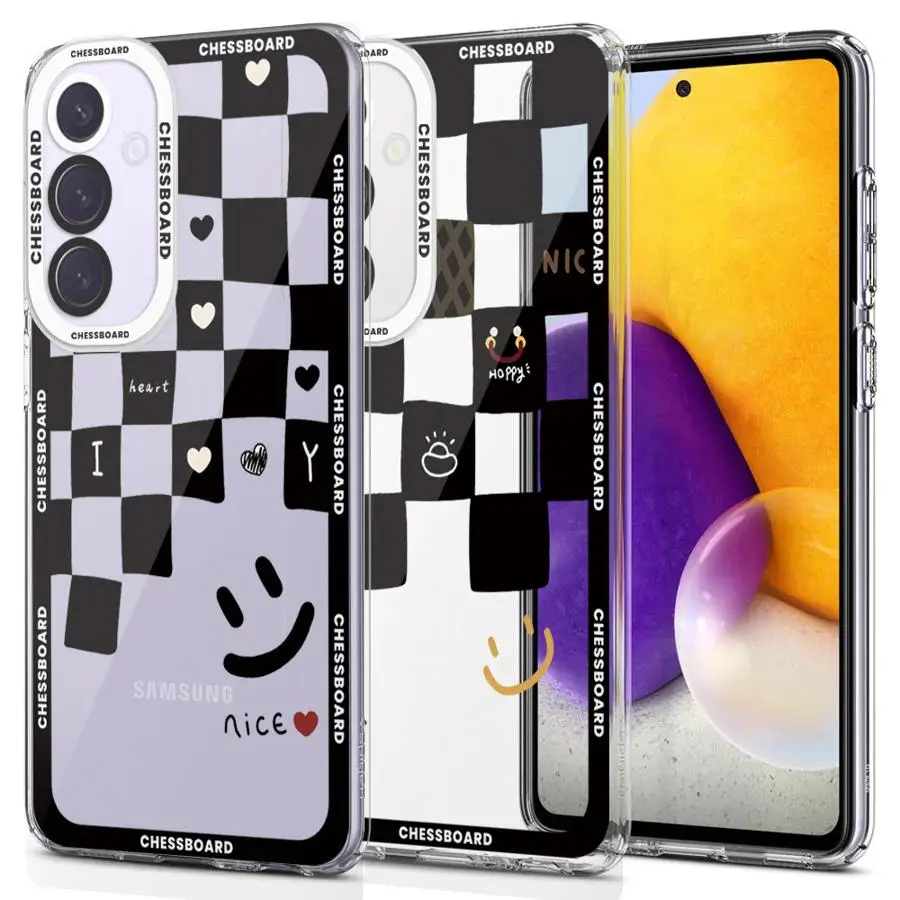 Smiling Face Black White Grid Cover Case for Samsung Galaxy A35 A55A53 A54 A73 A34 A33 A25 A24 A13 A14 A15 Clear Soft Shell