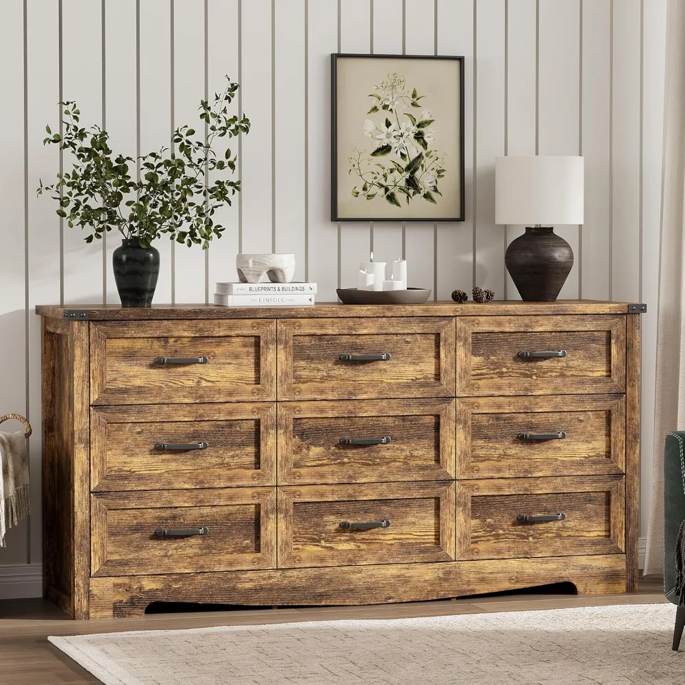 خزانة ملابس لغرفة النوم مع 9 أدراج، خزانة ذات أدراج خشبية واسعة مقاس 59 بوصة مع أدراج عميقة ومقبض عقلي، حامل تلفزيون حديث، عرض #3