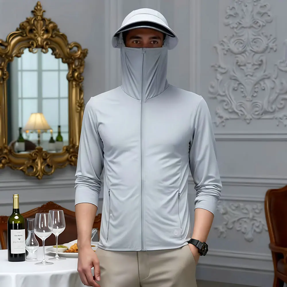 

UPF 50+ Men Lightweight Hooded Sunshirt Anti-UV Cooling Jacket with Thumbhole Cuffs Design Hood Coat Breathable Outerwear Men