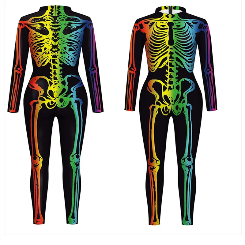 IOOTIANY Fluoreszierender Totenkopf-Overall, 3D-gedrucktes Halloween-Cosplay-Kostüm, sexy Jumpsuit, Bodysuit, Karnevalskleidung für Erwachsene – Detail 8